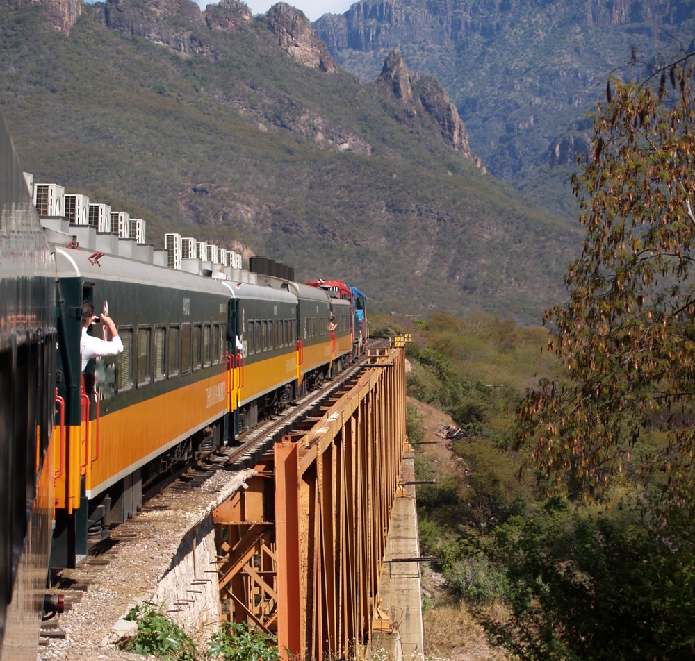By train through the Copper Canyon in Mexico.