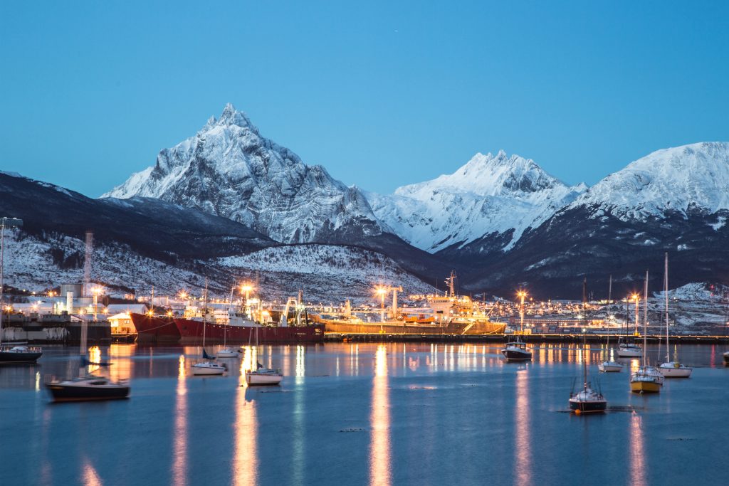 Harbour of Ushuaia at night.