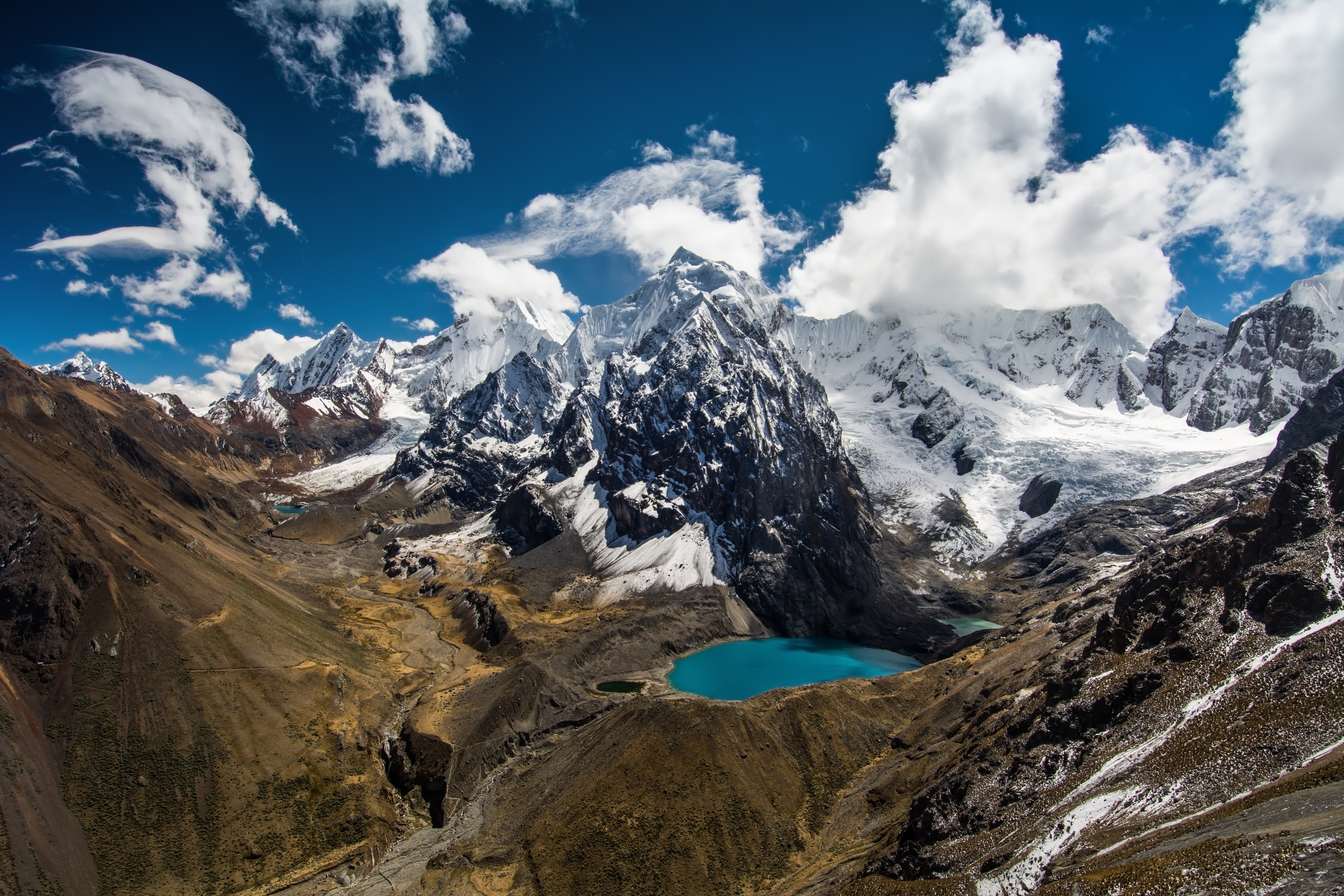 Amazing view in spectacular high mountains, Cordillera Huayhuash, Andes, Peru. 
