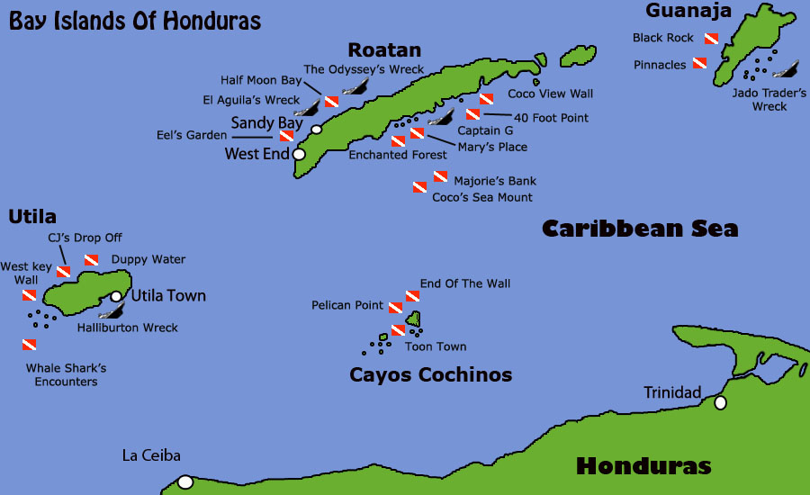 Map of snorkel spots Honduras.