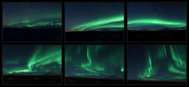 Multiple images depicting the different shapes of auroras 