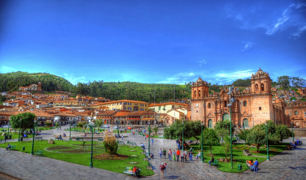 the Park and buildings at Plaza de Armas in Cusco 