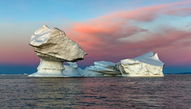 View of Disko Bay with icebergs, Western Greenland.