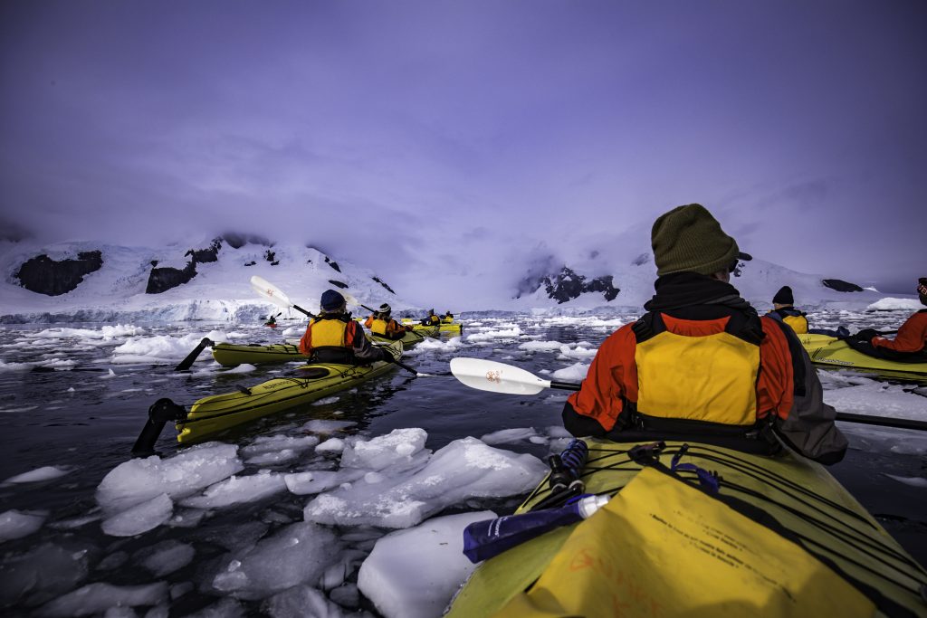 If you travel to Antarctica with Chimu, you can go kayaking on the ice. 