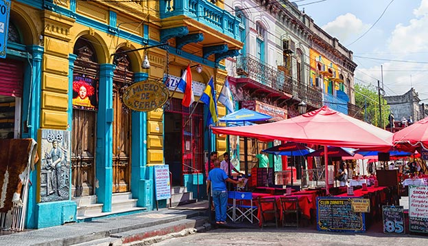 A photo of colourful buildings and restaurants in Recoleta, Buenos Aires, Argentina