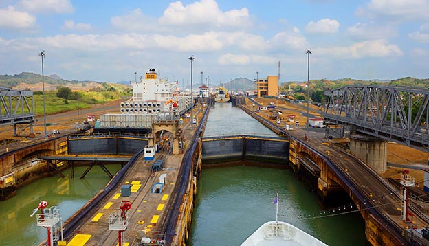 The first lock of the Panama canal from the Pacific ocean.