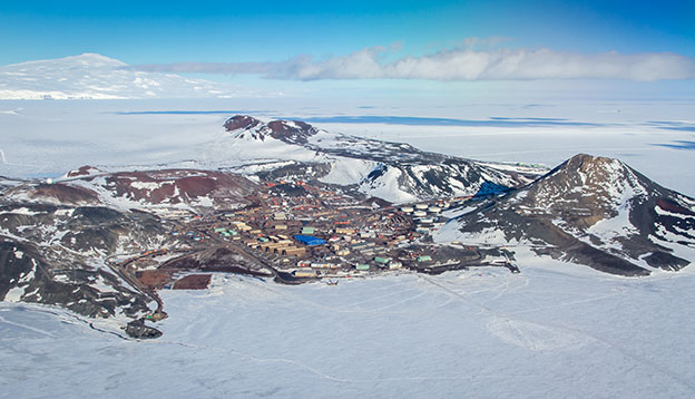 Aerial view of McMurdo Station, Ross Island, Antarctica