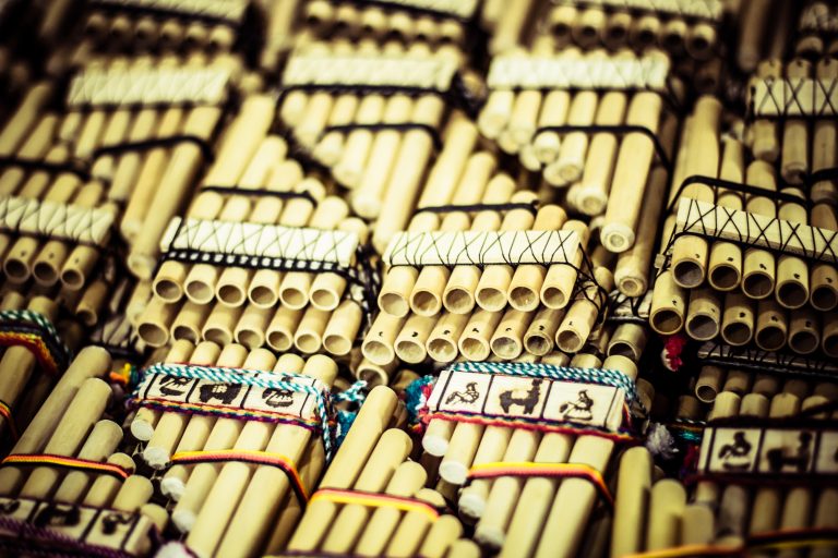 Authentic south american panflutes in local market in Peru. credit shutterstock