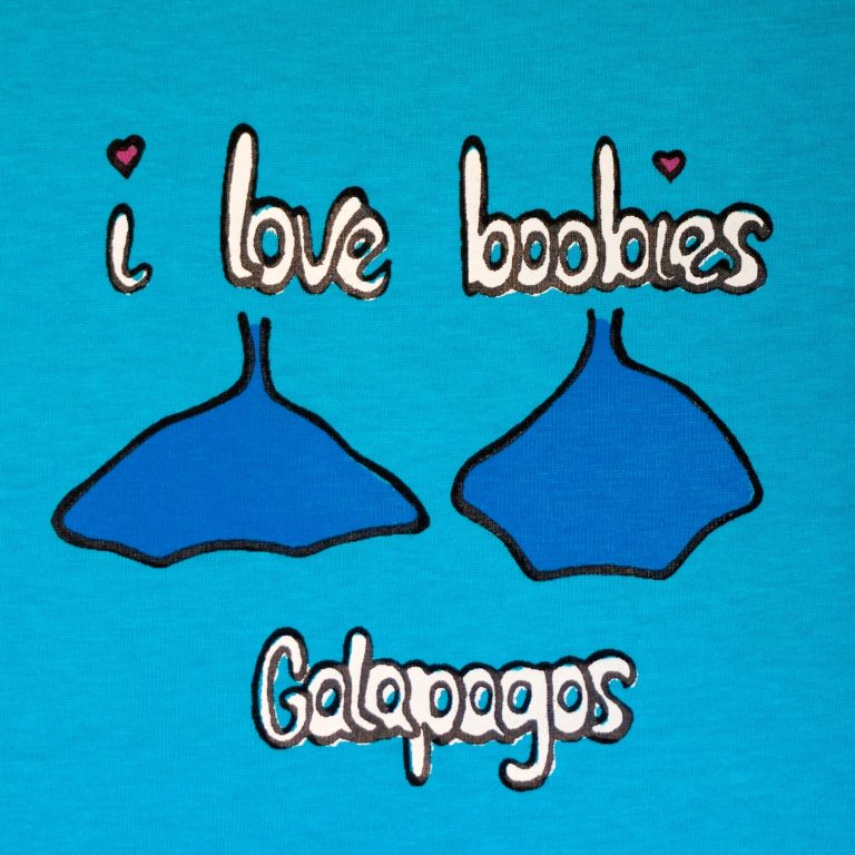 GALAPAGOS ISLANDS (ECUADOR) - JANUARY 15: Famous 'I love boobies' phrase on a T-shirt referring to Galapago's most famous bird: the blue footed booby, on January 15, 2014, Galapagos Islands (Ecuador) Credit Shutterstock
